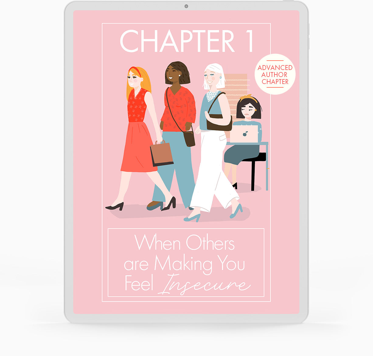 A bright illustration of three women walking together toward the left-side of the image. They're walking away from a fourth woman who is seated at her computer, looking dejected.