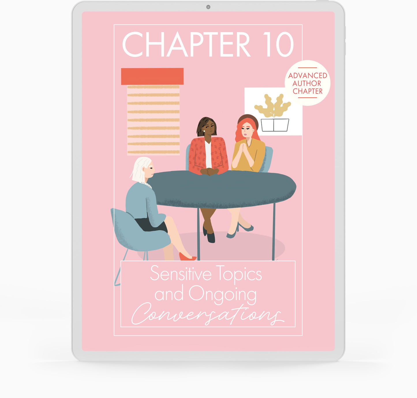 This is a picture of three women sitting in an office talking about sensitive issues.