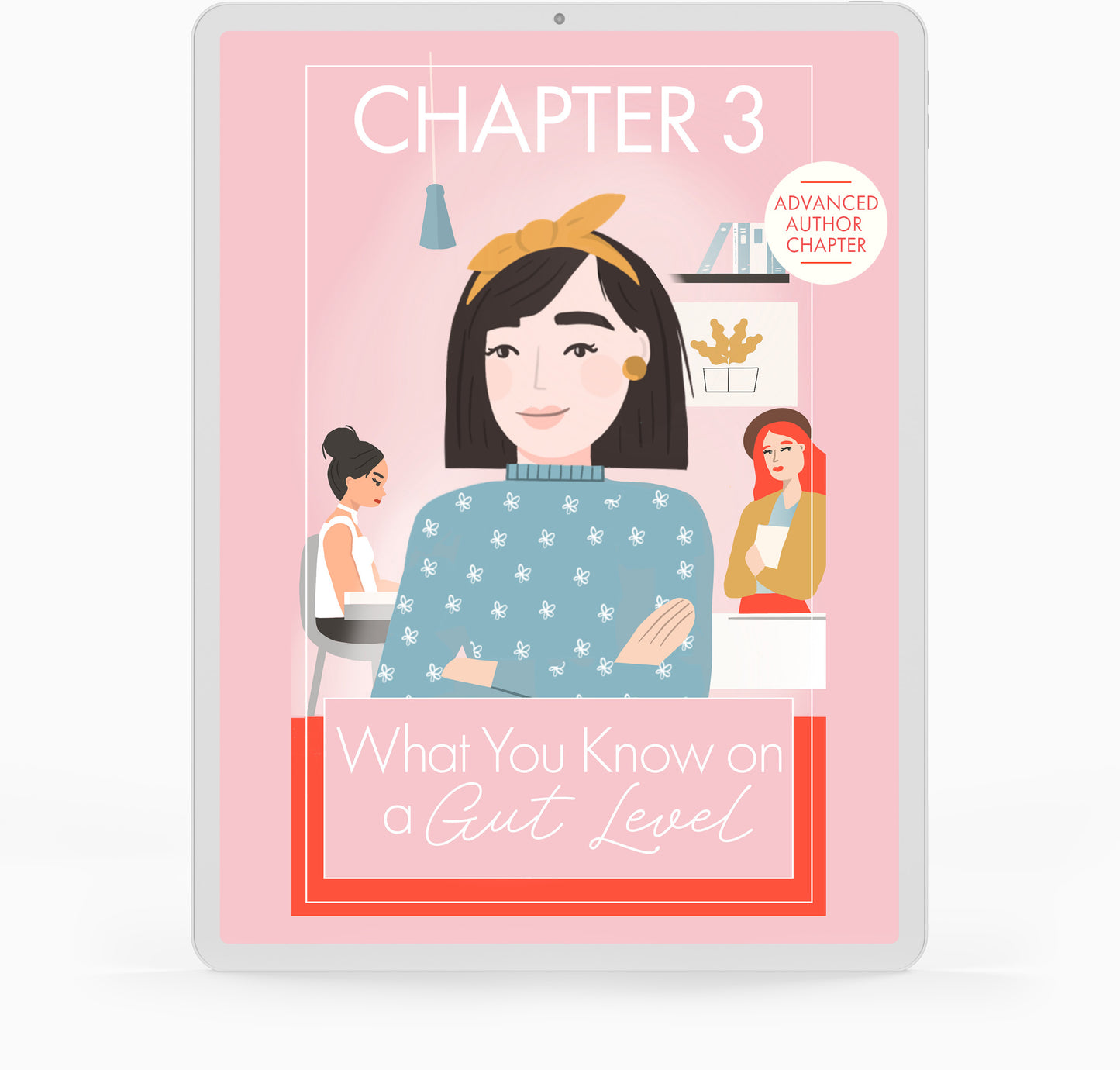 This is a picture of a woman standing in the foreground feeling sure about her place in the work environment, with two office workers looking with curiosity.