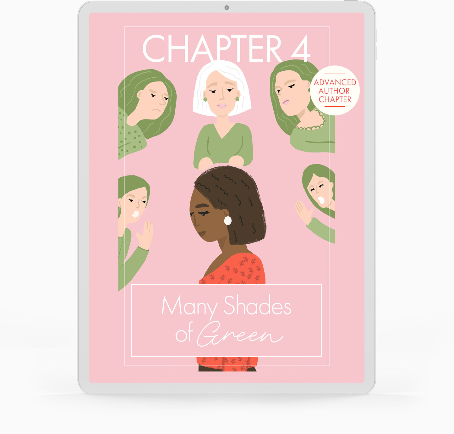 This is a picture of a woman in the foreground appears uncomfortable, looking down slightly, while five women in the background stare at her with expressions of envy and judgment.