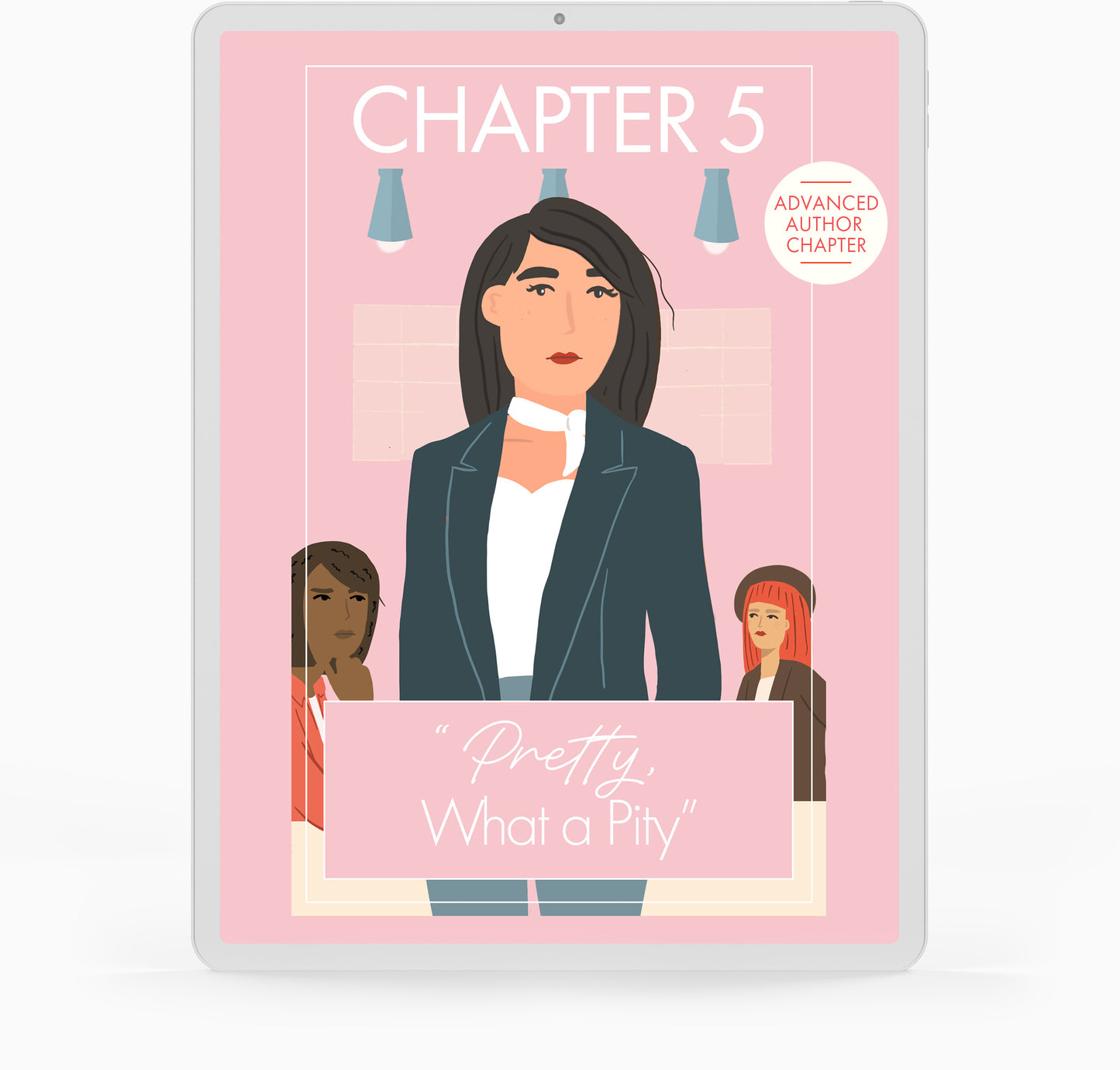 This is a picture of a woman in the foreground, feeling confident in how she looks, with two employees looking at her with jealousy.