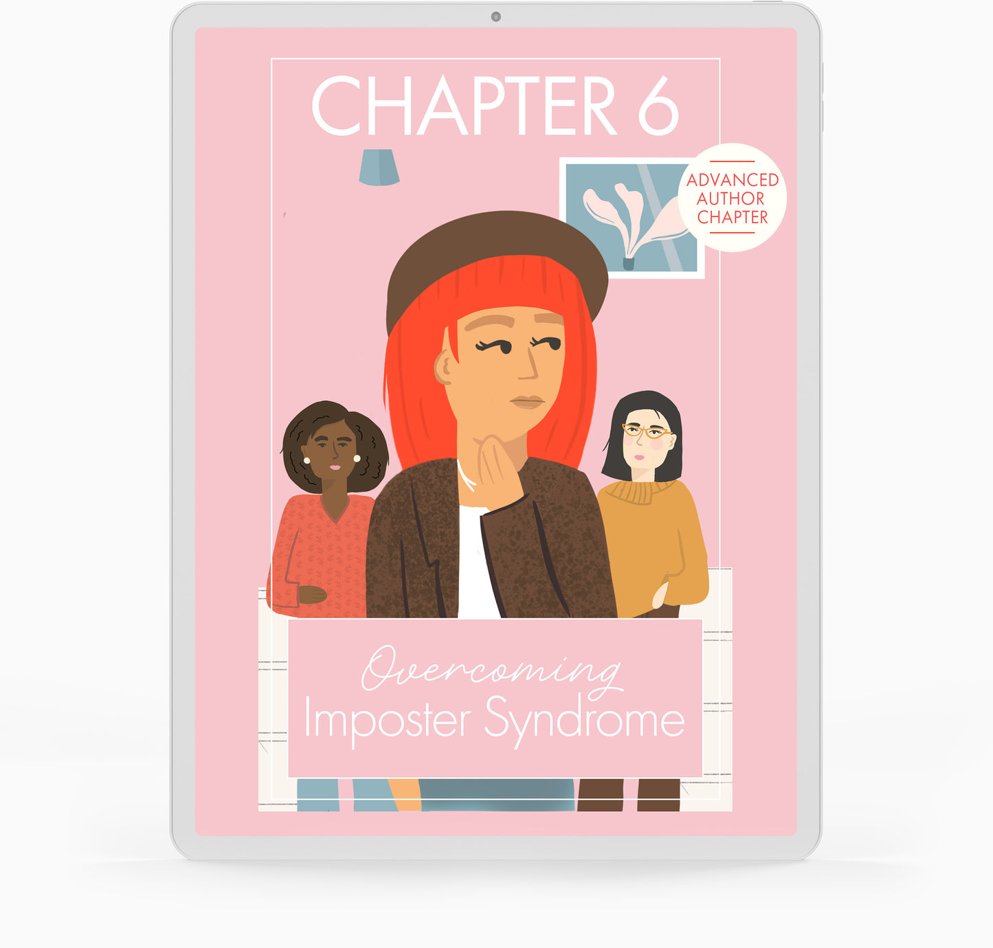 This is a picture of a woman standing in the foreground with a look of uneasiness, in the background are two employees looking at her with questionable thoughts.